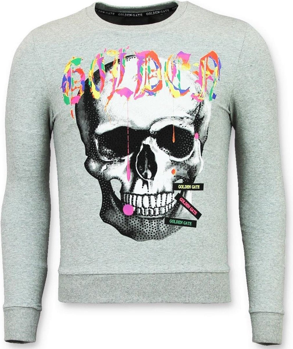 ENOS Trui Mannen - Doodskop Heren Sweater - Golden Skull - Grijs - Maten: L