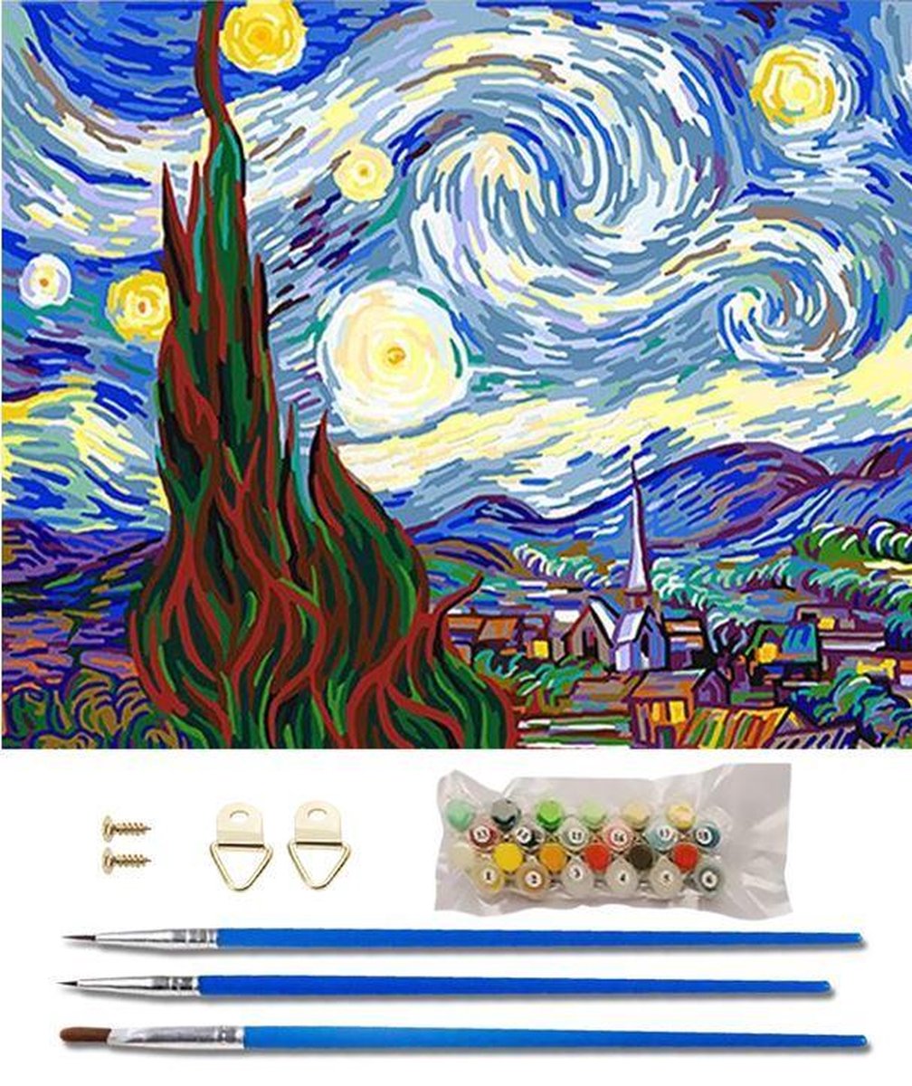 Paint By Numbers - Schilderen op Nummer - Sterrennacht Van Gogh - 50x40cm - Volwassenen & Kinderen - Stipco