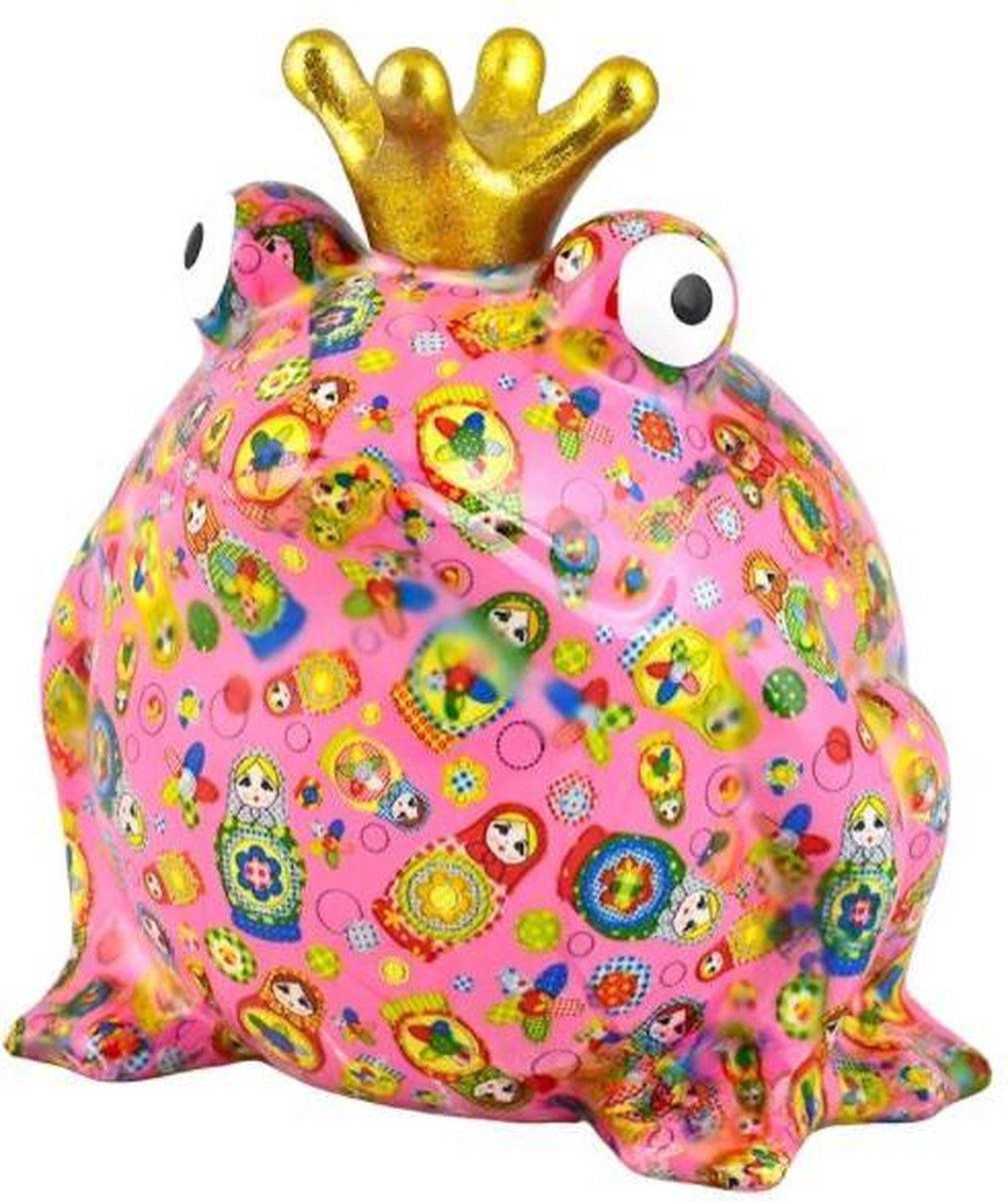 Pomme pidou spaarpot kikker 'Big Freddy' L roze met een opdruk van matroeskja's