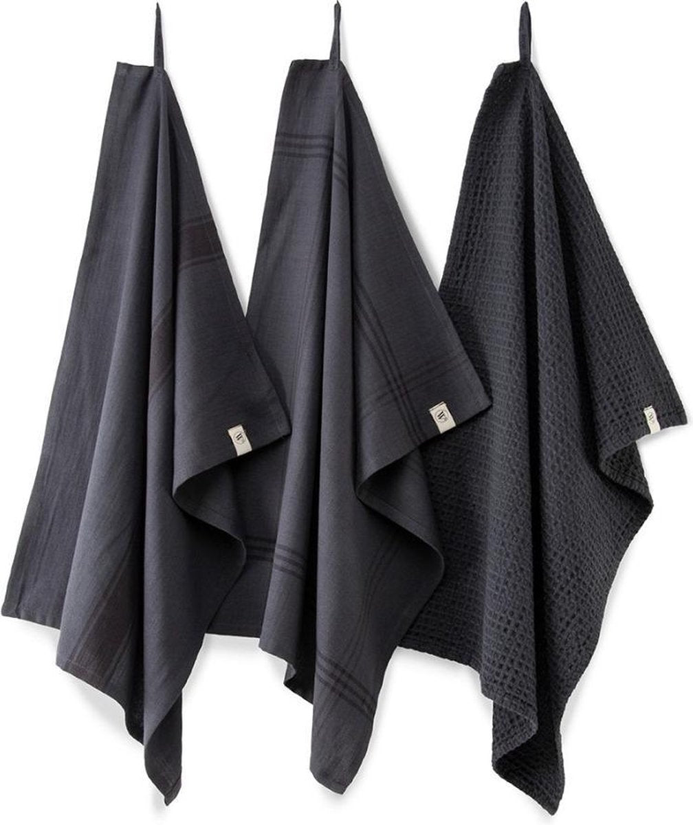Walra Keuken- & Theedoekenset Blocks & Lines - 3x 50x70 - 100% Katoen - Off Black