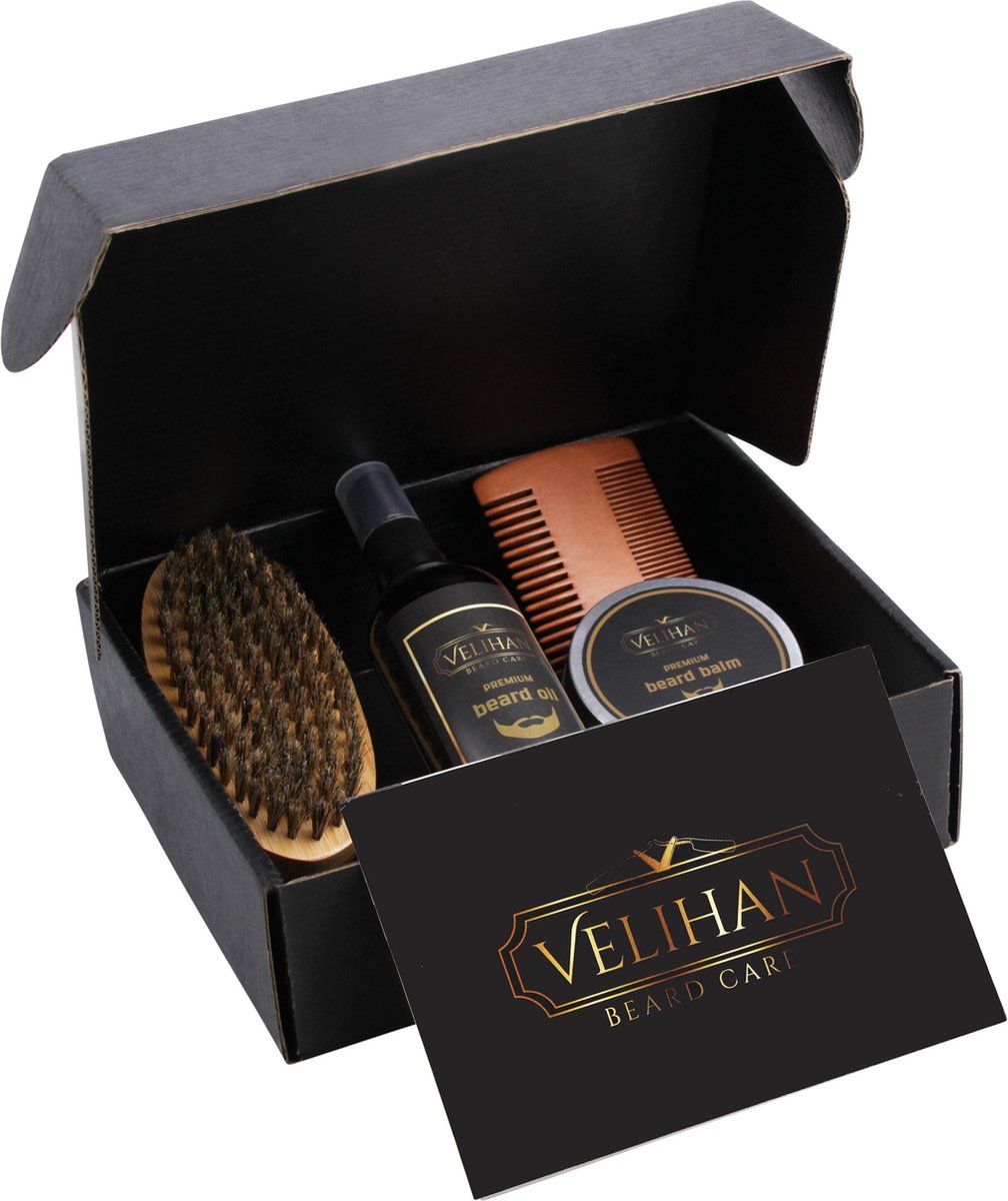 Velihan- Baardverzorging set- Gratis cadeau kaart- Baard olie- 100ml- Baard balsem- 60g- Baard borstel- Baardkam- Baard- Baard olie en balsem-Mannen Cadeau pakket- Mannen Geschenk set- Cadeau Voor Hem- Vaderdag cadeau