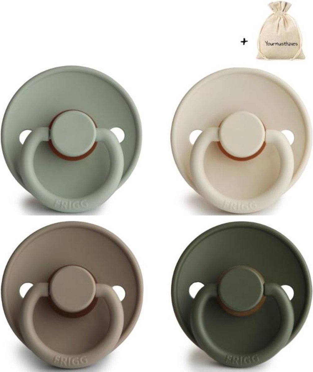FRIGG | Fopspeen set 4 stuks | T2 | 6-18 maanden | Classic | Natuurrubber | Sage + Cream + Portobello + Olive | Met YOURMUSTHAVES speenzakje