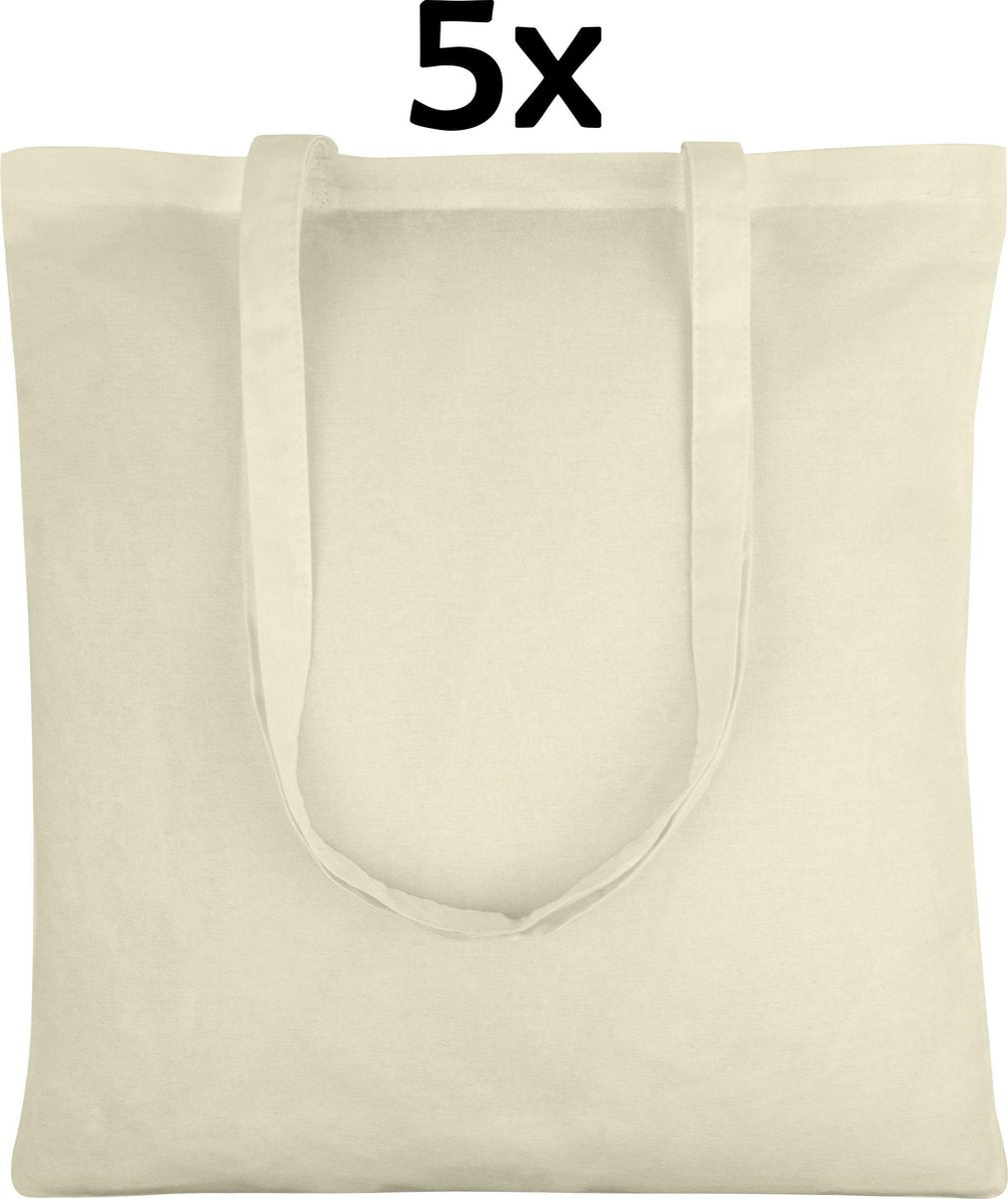 PrimeAmbition Katoenen Tas - Naturel – 42x38cm - 5 Stuks – Tote Bag – Canvas Tas –Shopper – Boodschappentas - Draagtas – Schoudertas