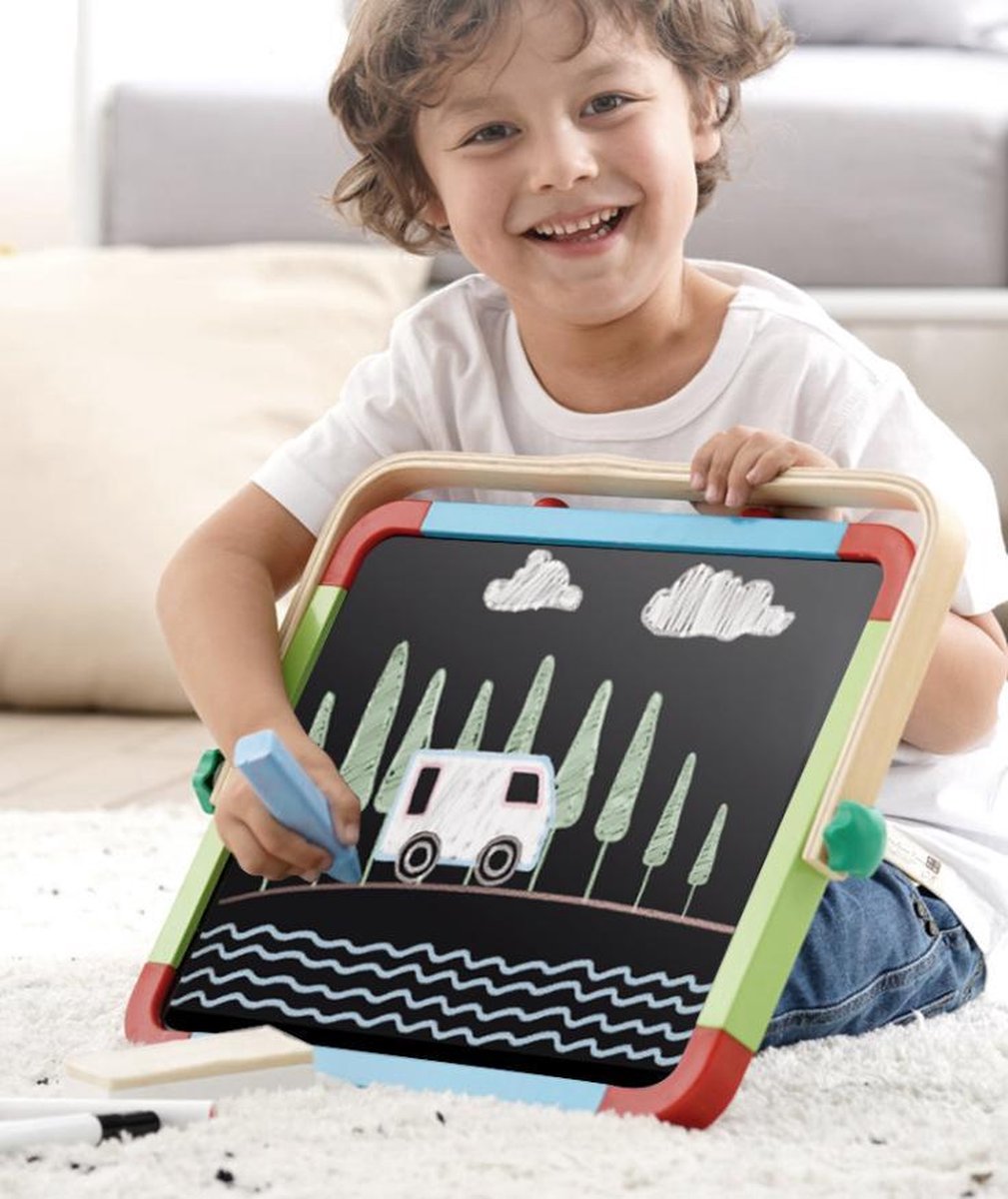 Onshine - Draagbaar dubbelzijdig  tekenbord met 53 tangram tegels Tangram Puzzel Magnetisch en accessoires - 360 graden instelbaar - Tekentafel opvouwbaar - Schoolbord - Krijtbord - Tekenbord met een magnetisch krijtbord en een magnetisch whiteboard