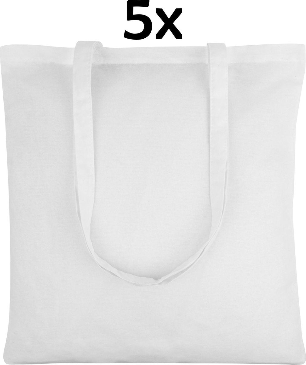 PrimeAmbition Katoenen Tas - Wit – 42x38cm - 5 Stuks – Tote Bag – Canvas Tas –Shopper – Boodschappentas - Draagtas – Schoudertas