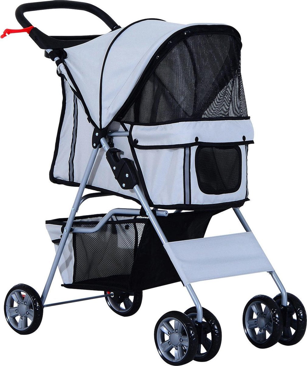PawHut Hondenbuggy met zonnedak en opbergnet grijs 75 x 45 x 97cm