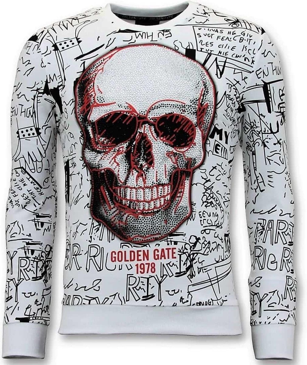 ENOS Heren Sweater met Print - Doodskop Crewneck - Wit - Maten: M