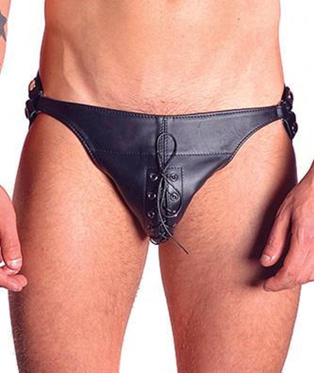 Mister b leather posing pouch two belts laced