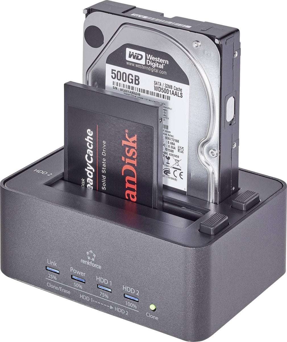Renkforce rf-docking-08 USB 3.2 Gen 1 (USB 3.0) SATA 2 poorten Harde schijf-dockingstation Met clone-functie