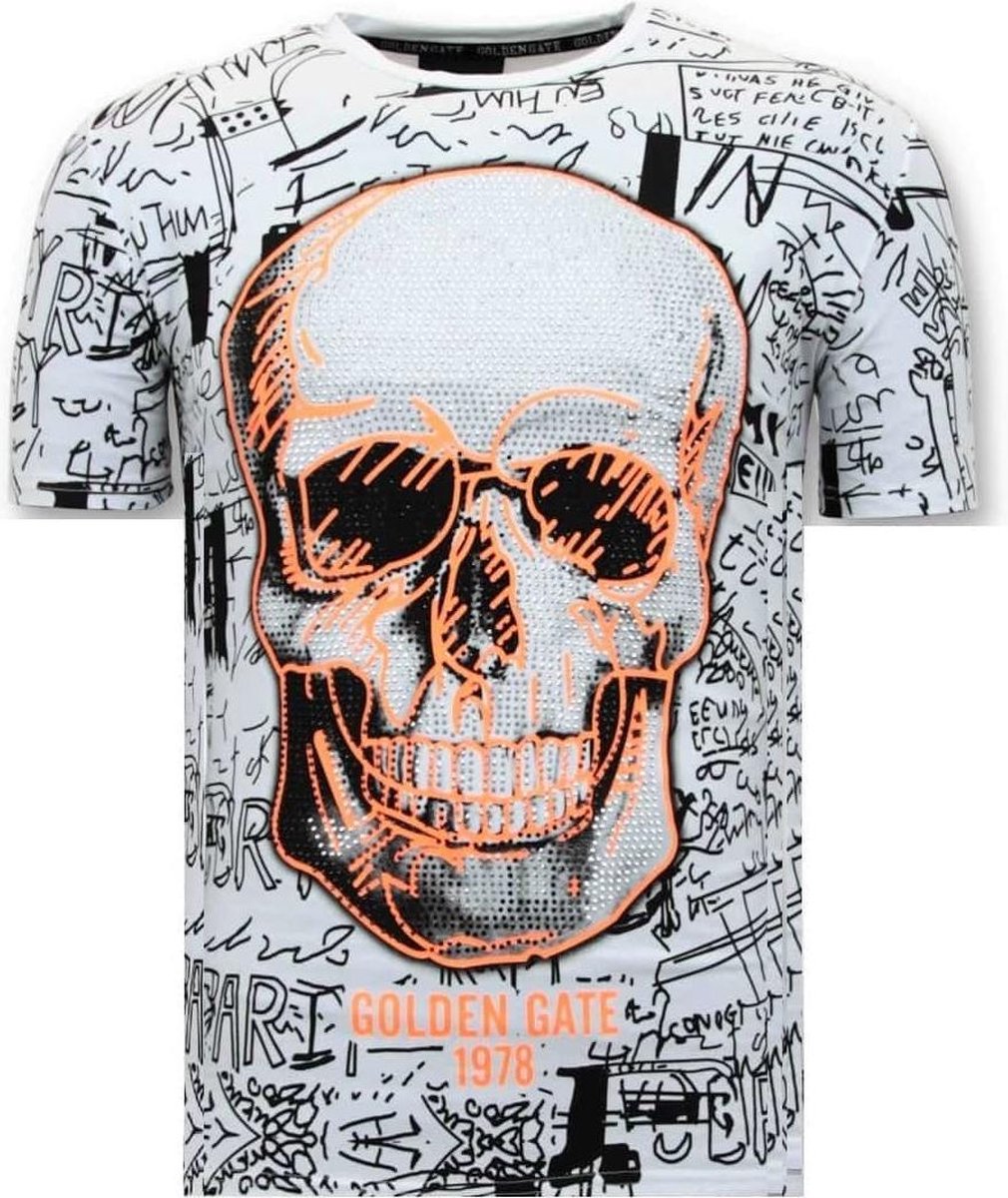 ENOS Heren T-shirt Doodskop - Rhinestones - 7356 - Wit - Maten: XXL