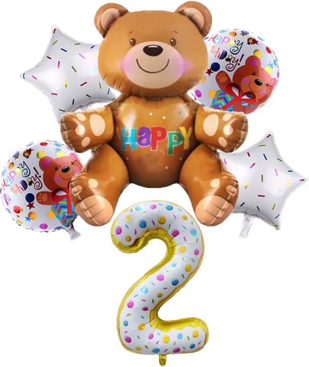 6 delige ballonpakket met grote Bruine Beer en cijfer 2