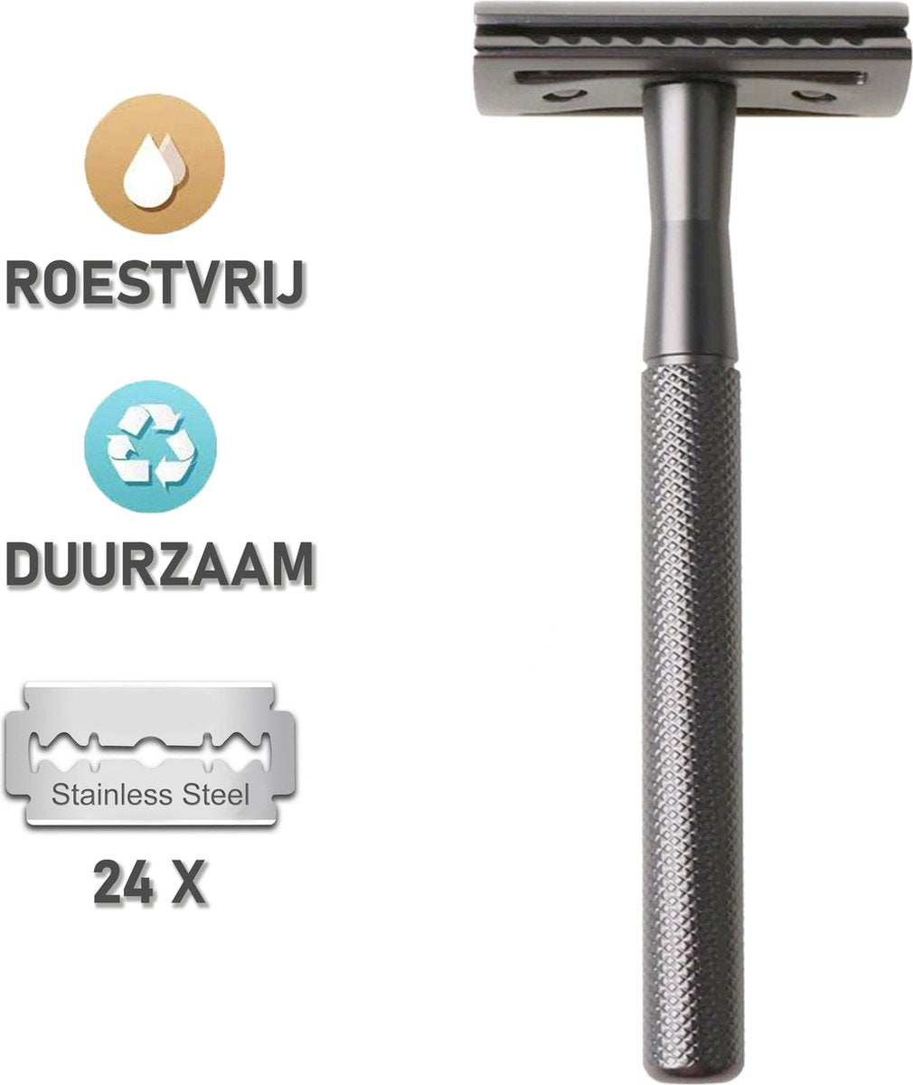 Premium Roestvrije Double Edge Safety Razor + 24 Scheermesjes - Klassiek Dubbelzijdig Scheermes - Veiligheidsscheermes - Geschikt voor Gevoelige Huid - Duurzaam Scheren - Unisex - Zware Kwaliteit - Donkergrijs - Messing - Antraciet