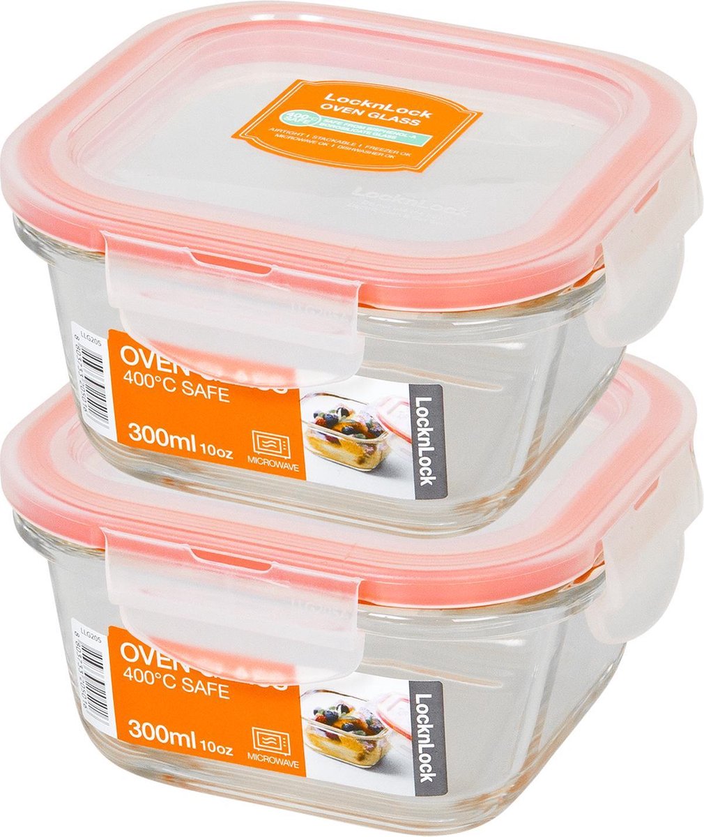 Lock&Lock Glazen vershoudbakjes | ovenschaaltjes met deksel - Set van 2 stuks - 300ml - 12 x 12 cm