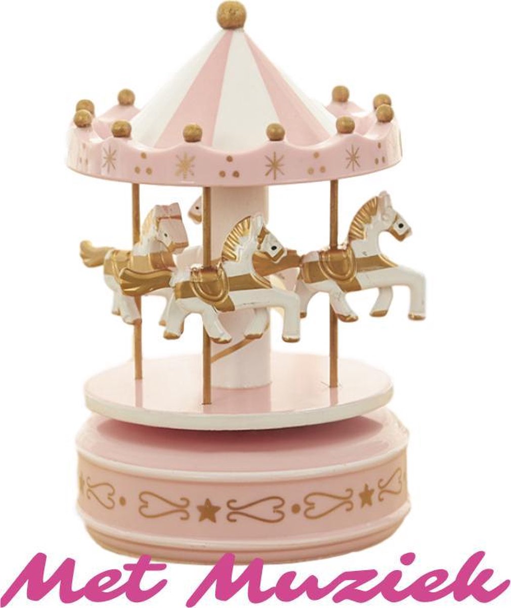 Speeldoosje CARROUSEL kleur ROSE/GOUD/WIT | Mooie Opwindbare Muziekdoos met opwindmechanisme | Nostalgische Draaimolen Speeldoosje | Klassiek Carrousel (Hout) | Speeldoos kleuren Rose/Goud/Wit