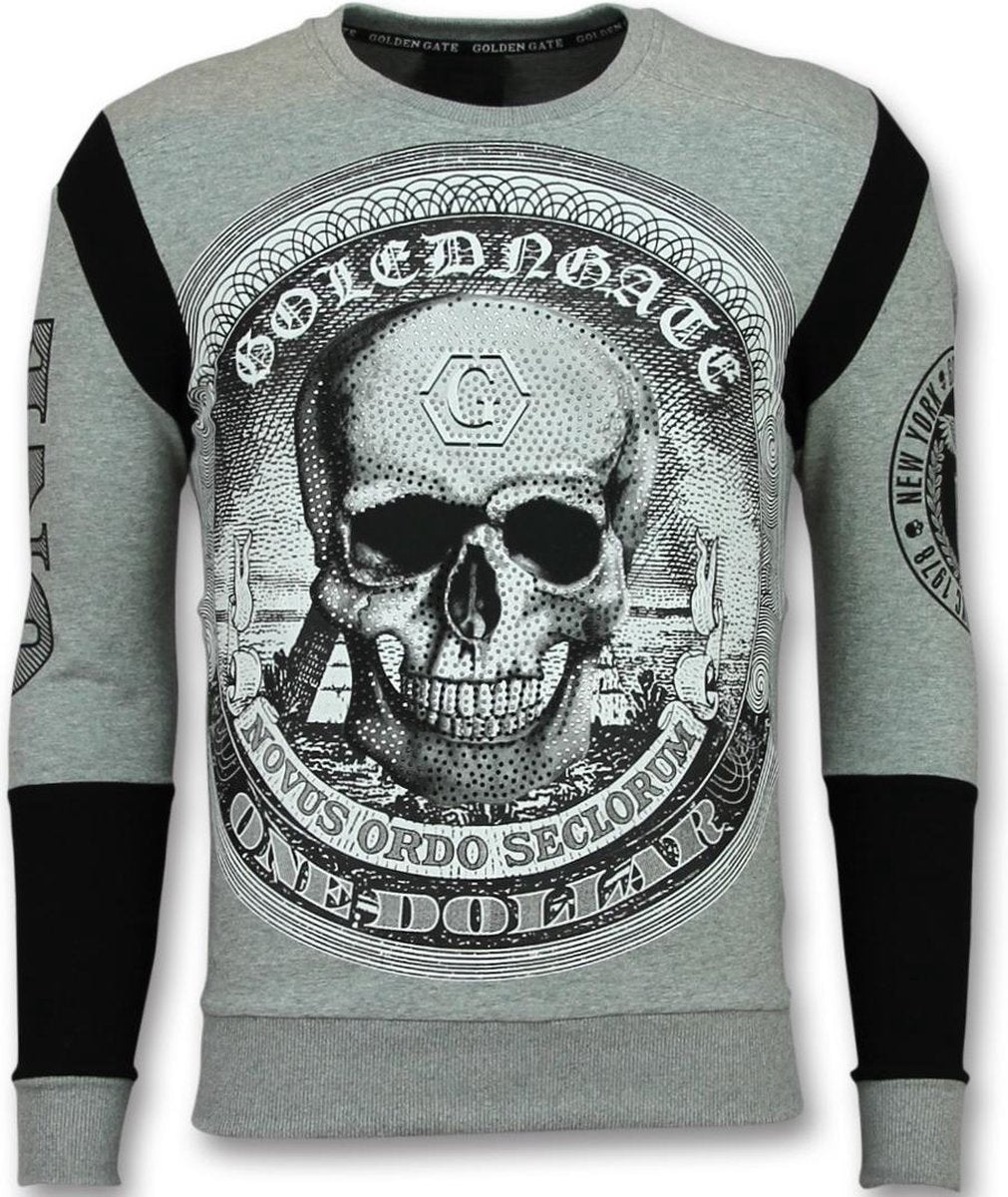 ENOS Rhinestone Trui Heren - Skull Dollar Sweater - Grijs - Maten: L