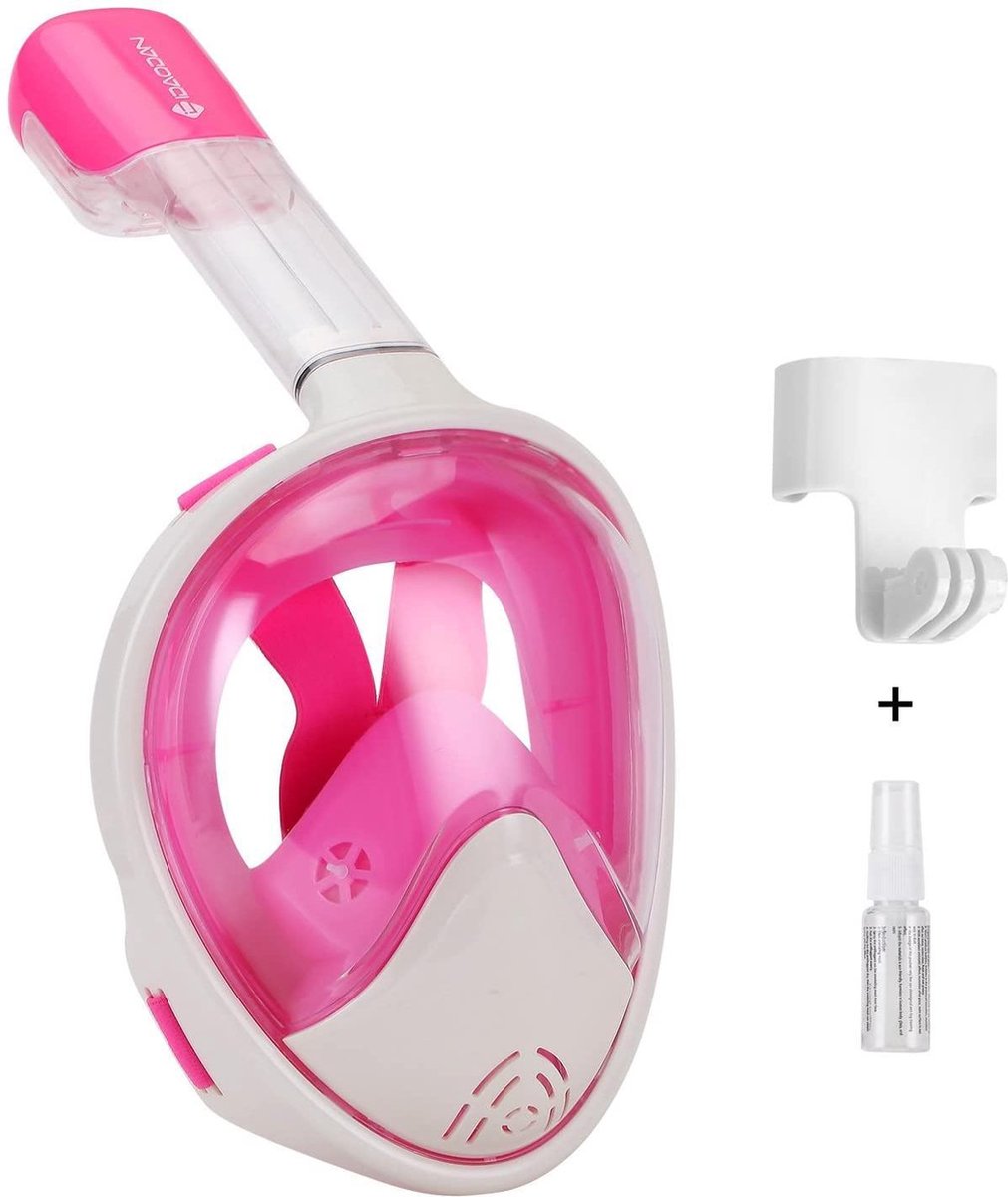 Duikmasker Roze | Full face Duikbril met Snorkel | Snorkelset Roze - Snorkelmasker | Inc. GoPro aansluiting | Snorkelset | Maat L/XL