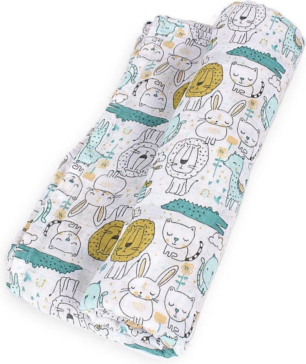 Interbaby Wikkeldeken Gatito 120 X 120 Cm Katoen Wit/geel/groen
