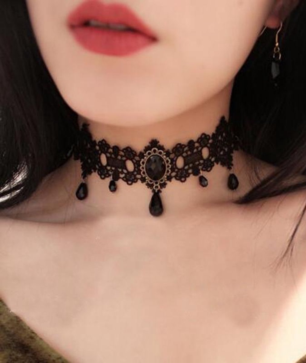 Choker zwart kant met kraaltjes en kettinkjes - collar ketting victoriaans sexy zwarte 6