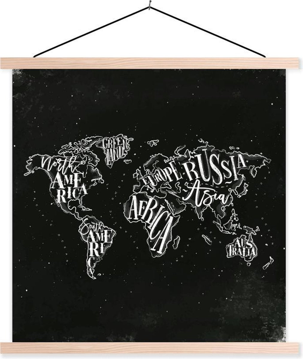 Schoolplaat - Wereldkaart - Zwart - Wit- Sterrenhemel - 40x40 cm - Blanke latten