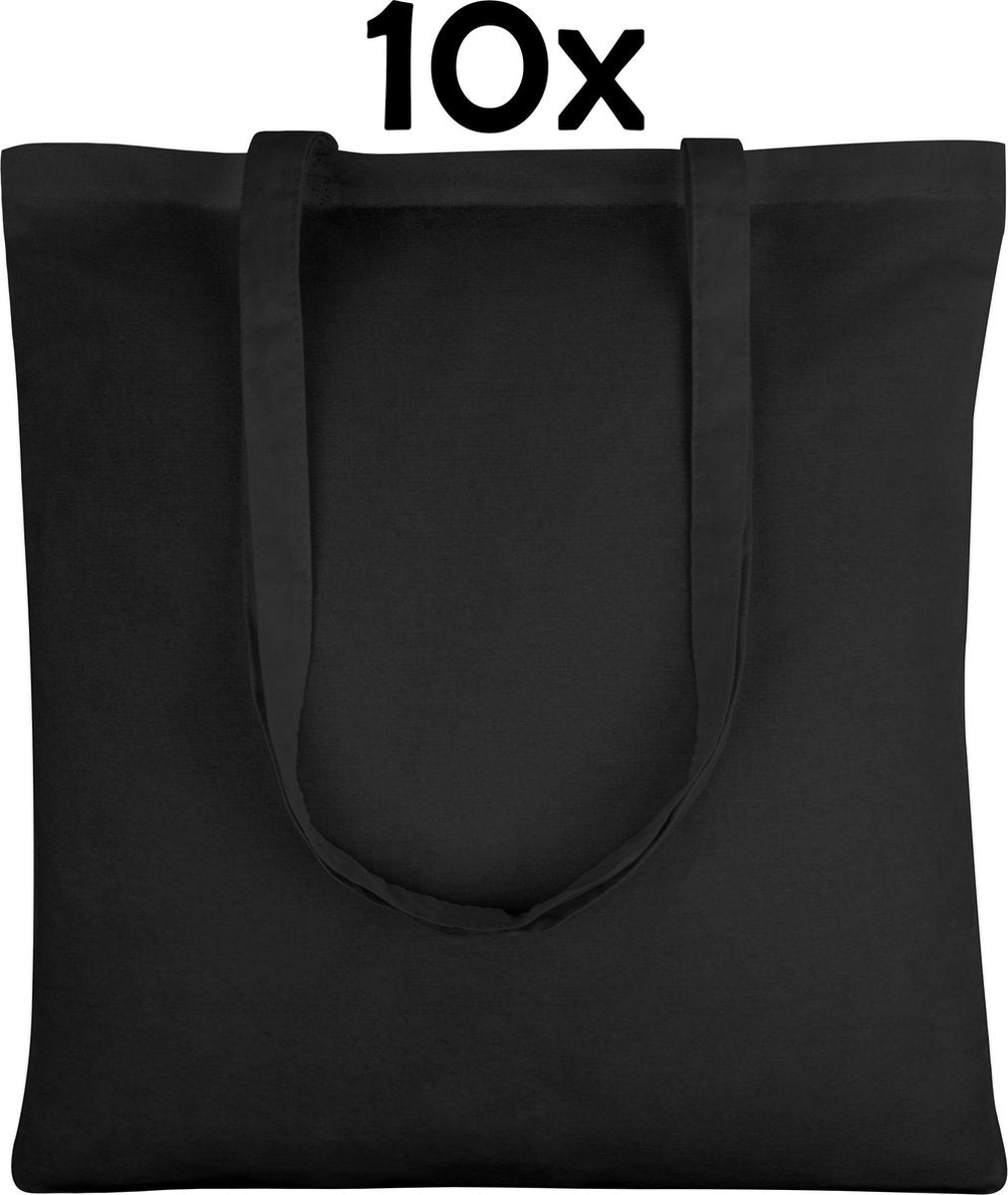 PrimeAmbition Katoenen Tas - Zwart – 42x38cm - 10 Stuks – Tote Bag – Canvas Tas –Shopper – Boodschappentas - Draagtas – Schoudertas