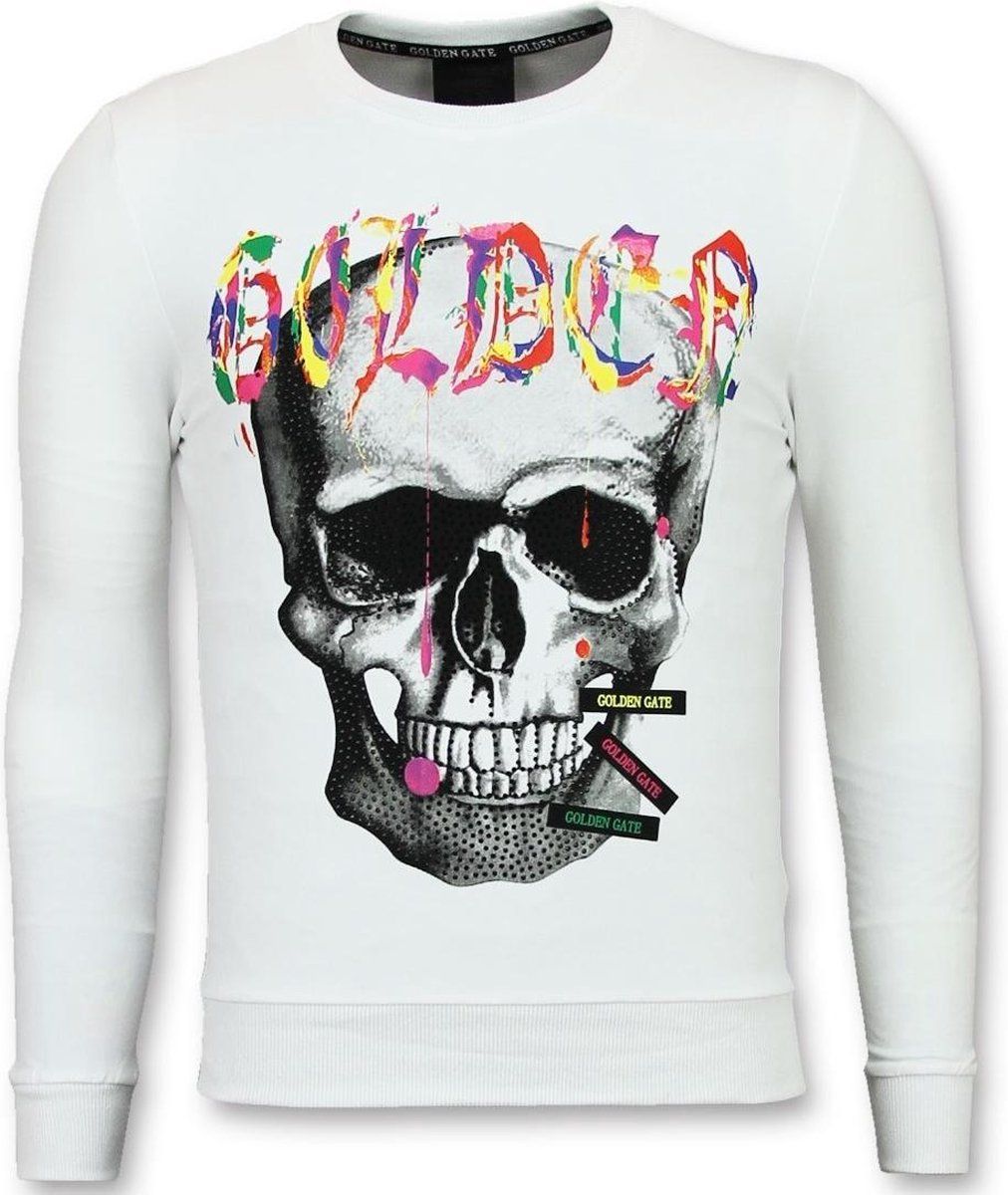 ENOS Sweater Mannen - Doodskop Heren Trui - Golden Skull - Wit - Maten: XL