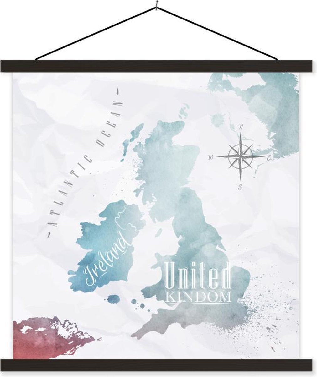 Schoolplaat - Waterverf - Wereldkaart - Engeland - 60x60 cm - Zwarte latten