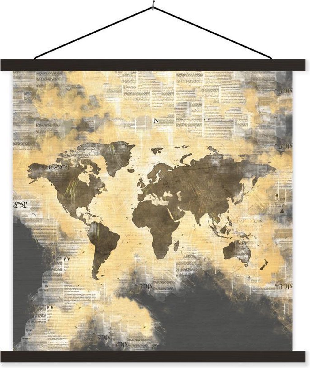 Schoolplaat - Wereldkaart - Abstract - Kranten - 40x40 cm - Zwarte latten