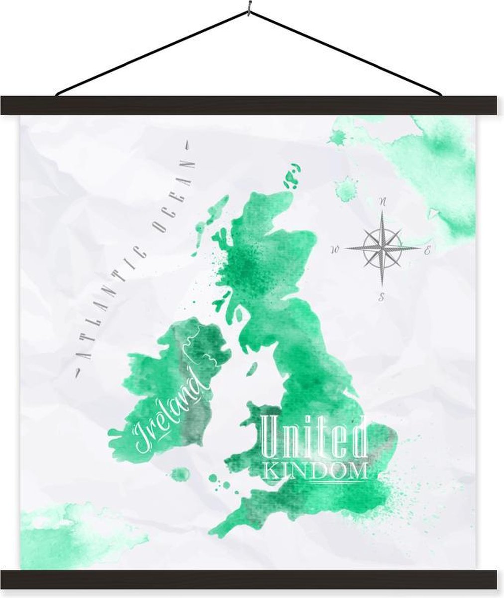 Schoolplaat - Engeland - Wereldkaart - Waterverf - 60x60 cm - Zwarte latten