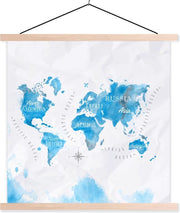 Schoolplaat - Waterverf - Wereldkaart - Blauw - 90x90 cm - Blanke latten