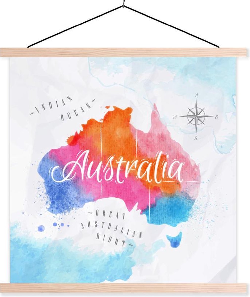 Schoolplaat - Olieverf - Wereldkaart - Australië - 40x40 cm - Blanke latten