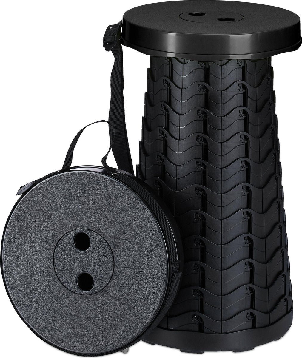 relaxdays uitschuifbare kruk - tot 120 kg - kampeerkruk - opvouwbare campingkruk - klein zwart