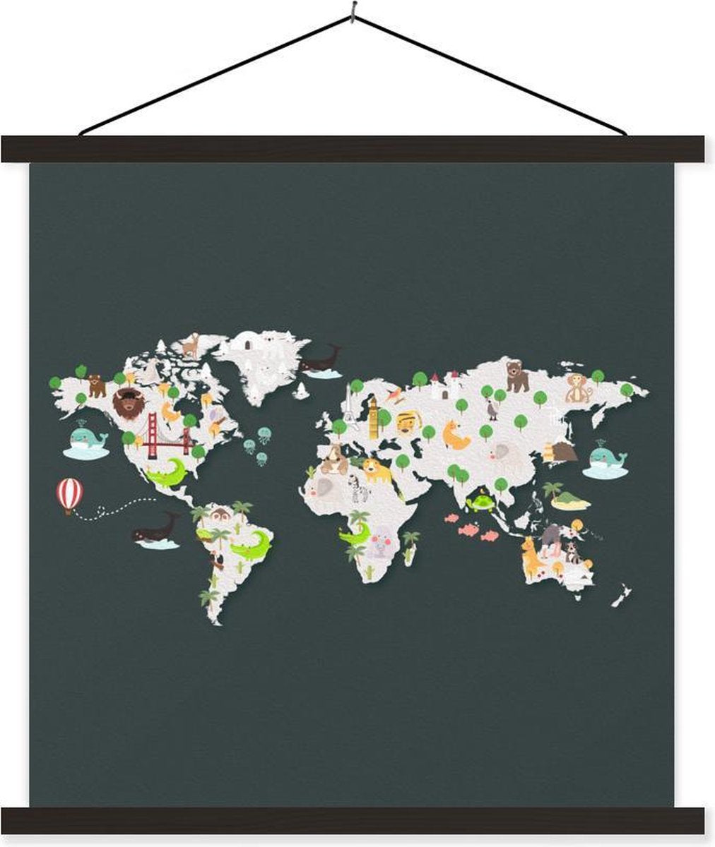 Wereldkaart Kinderen - Illustraties - Kleuren - 60x60 cm - Schoolplaat