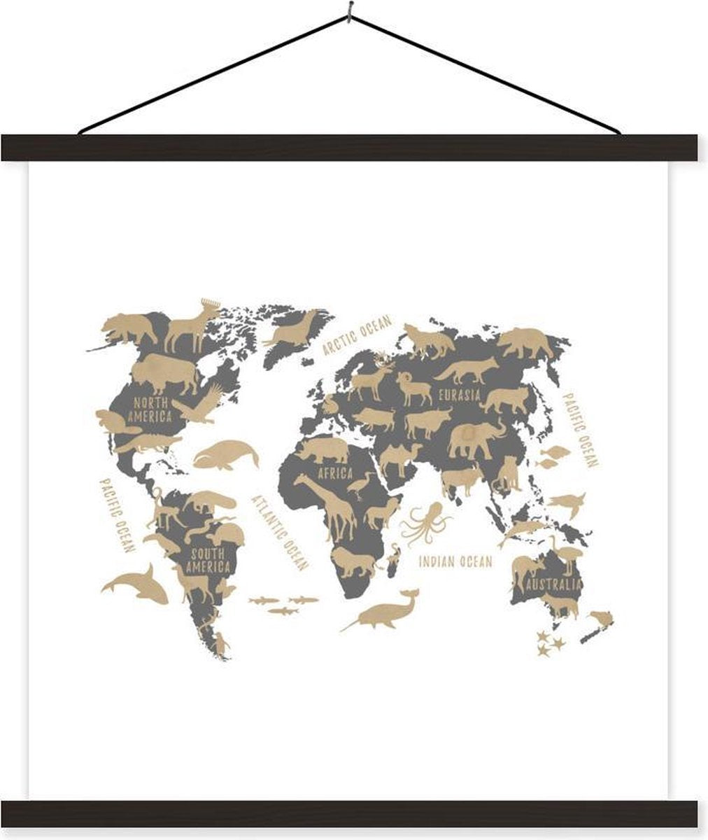 Wereldkaart Kinderen - Bruin - Dieren - 40x40 cm - Schoolplaat