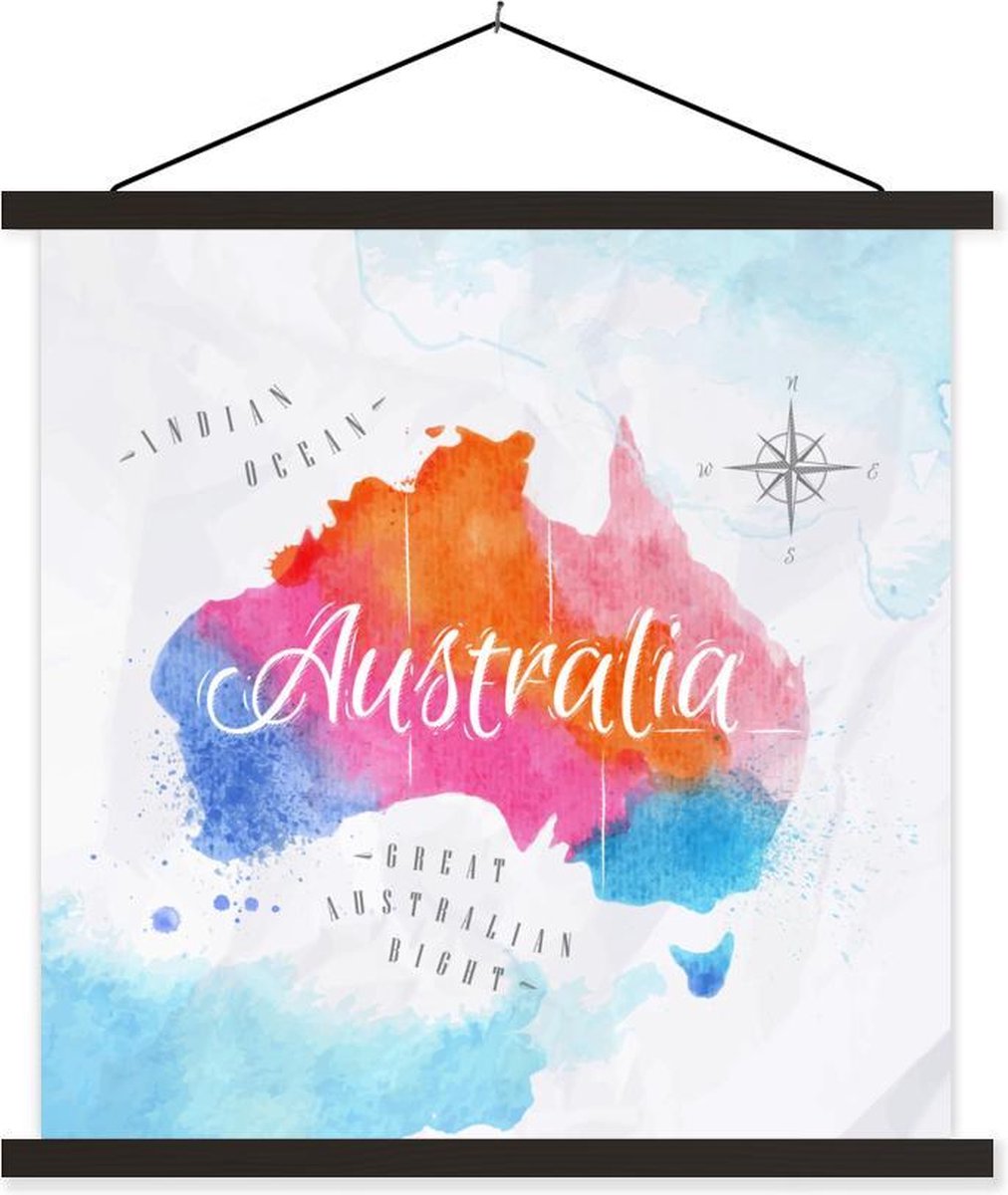 Schoolplaat - Olieverf - Wereldkaart - Australië - 60x60 cm - Zwarte latten