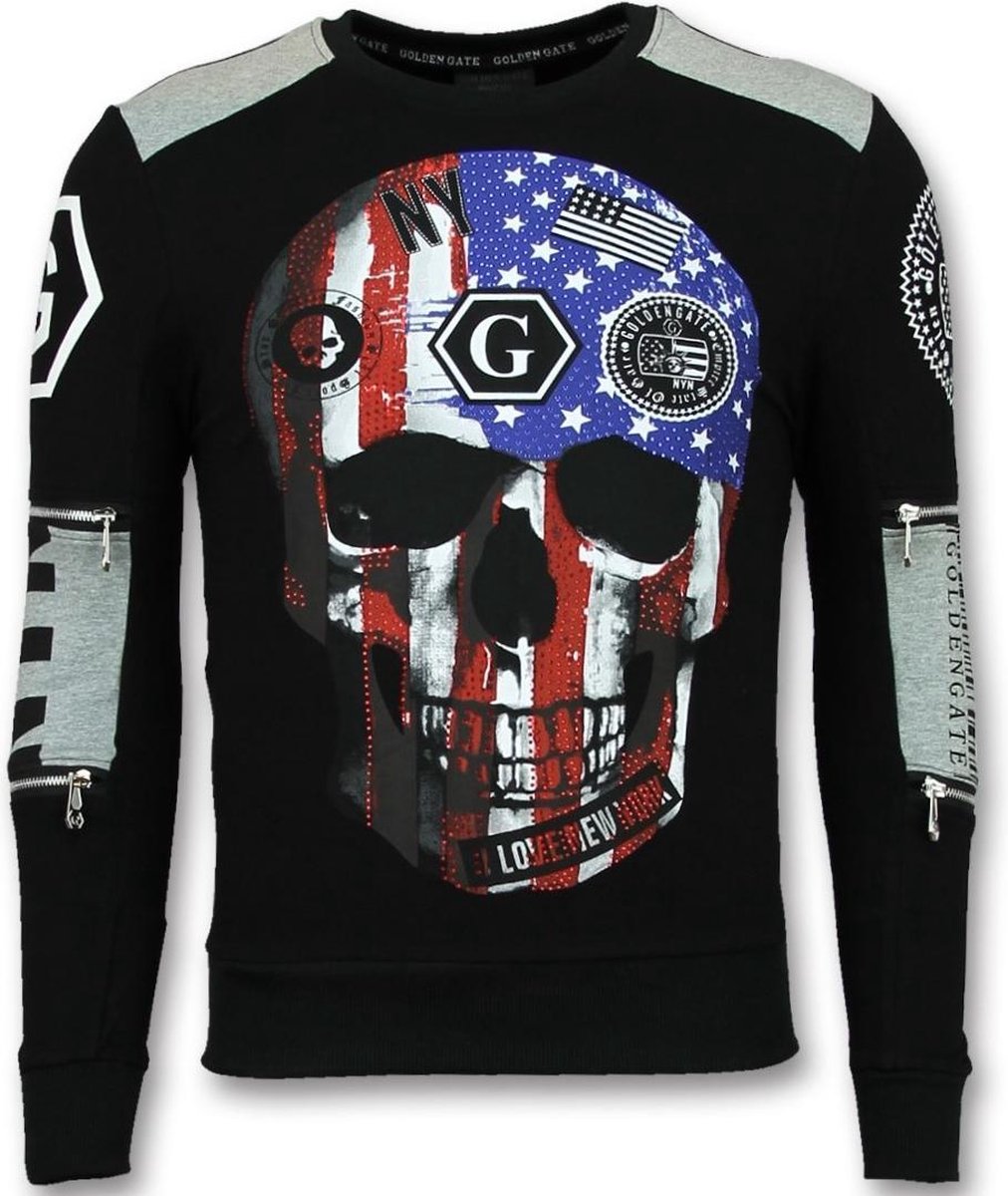 ENOS Sweatshirt Heren - Skull Trui Heren - Amerikaanse Vlag - Zwart - Maten: XS