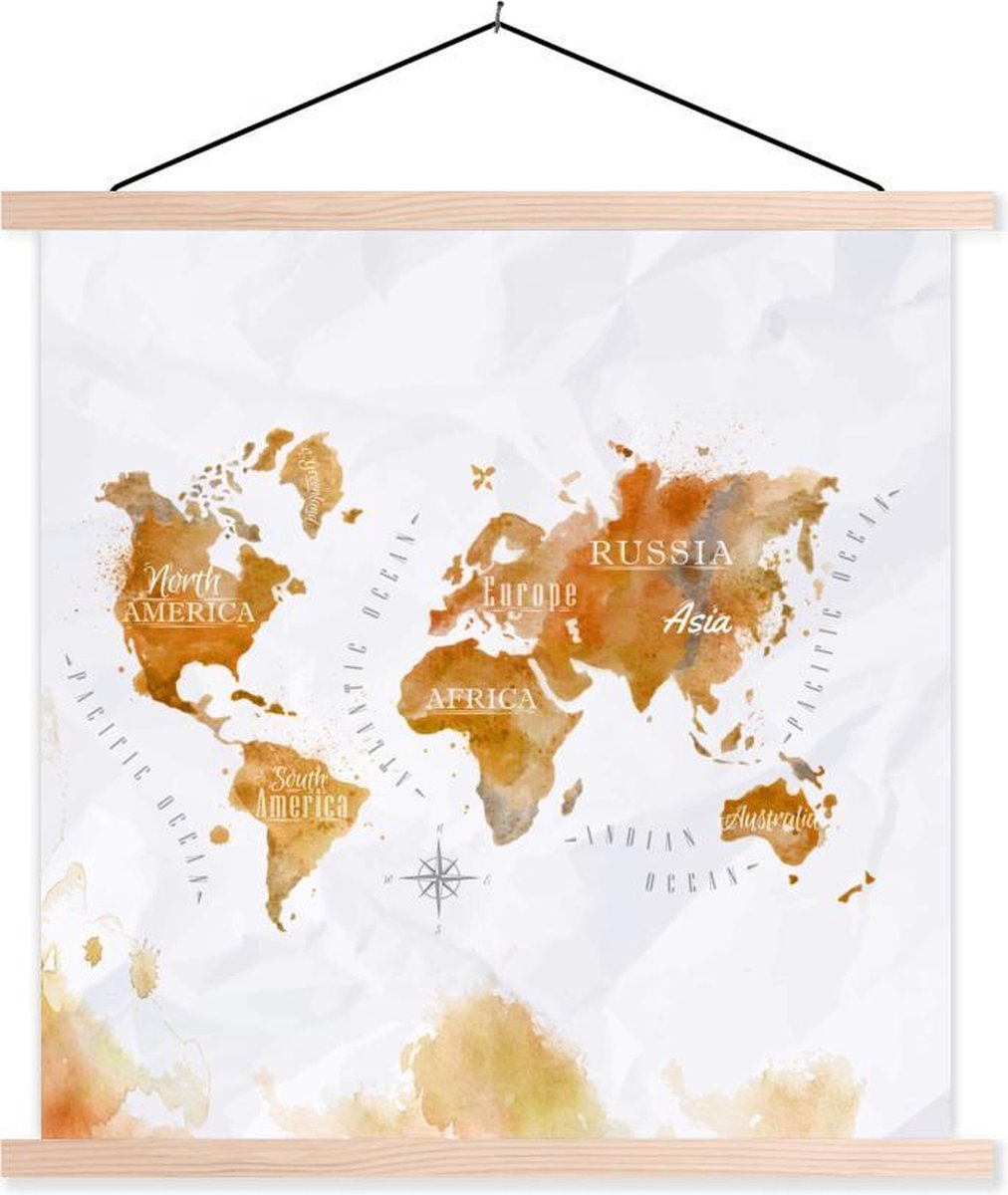 Wereldkaarten - Waterverf - Wereldkaarten - Goud - 60x60 cm - Textielposter