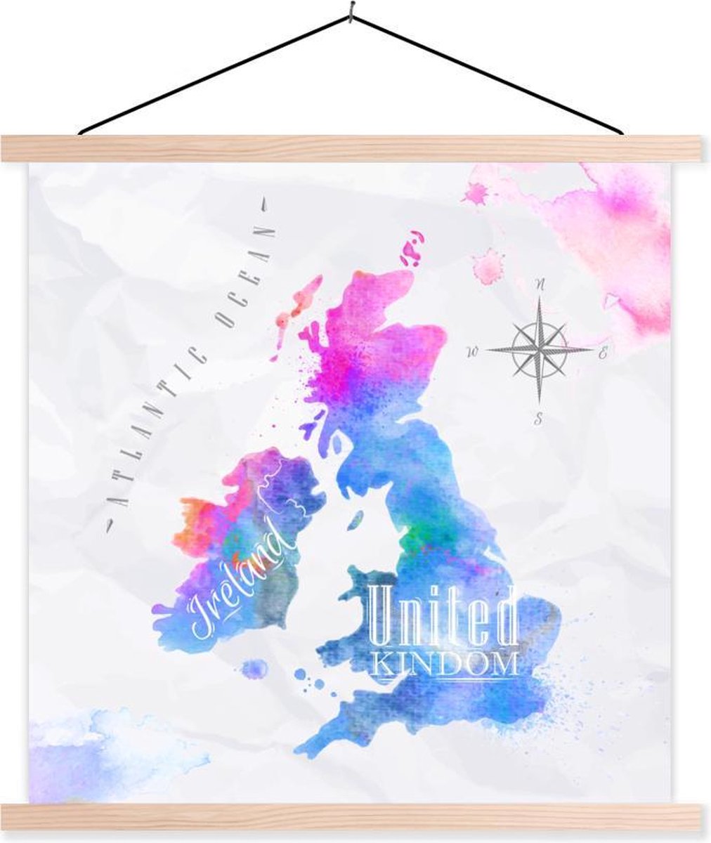 Schoolplaat - Wereldkaart - Engeland - Olieverf - 60x60 cm - Blanke latten