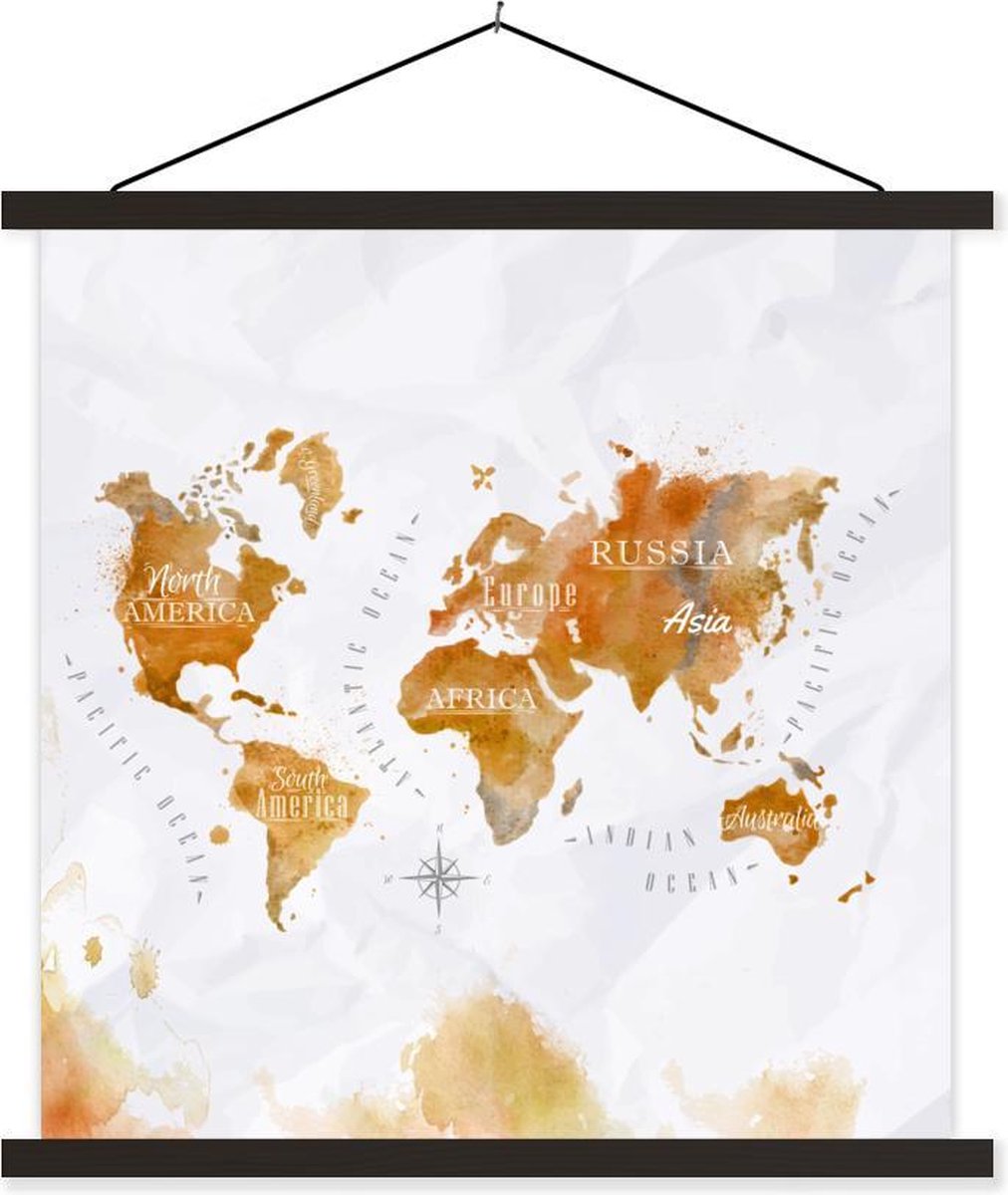 Schoolplaat - Waterverf - Wereldkaarten - Goud - 90x90 cm - Zwarte latten