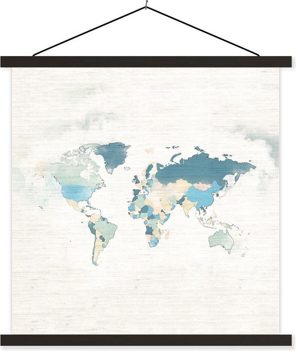 Schoolplaat - Wereldkaart - Kleuren - Wit - 90x90 cm - Zwarte latten