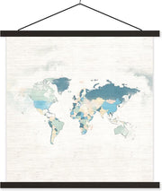 Schoolplaat - Wereldkaart - Kleuren - Wit - 90x90 cm - Zwarte latten