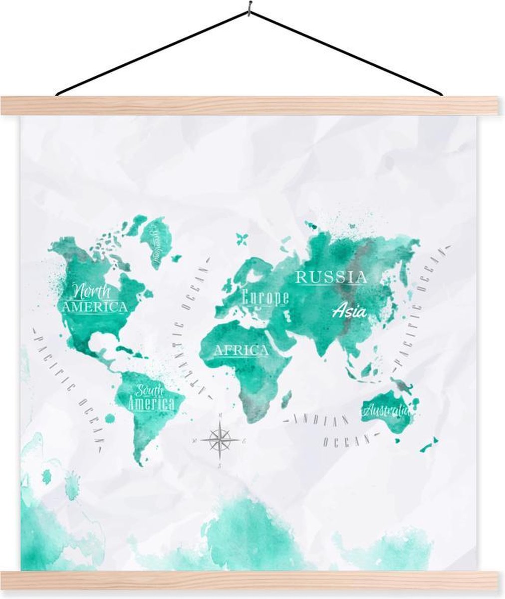 Schoolplaat - Waterverf - Wereldkaart - Turquoise - 90x90 cm - Blanke latten