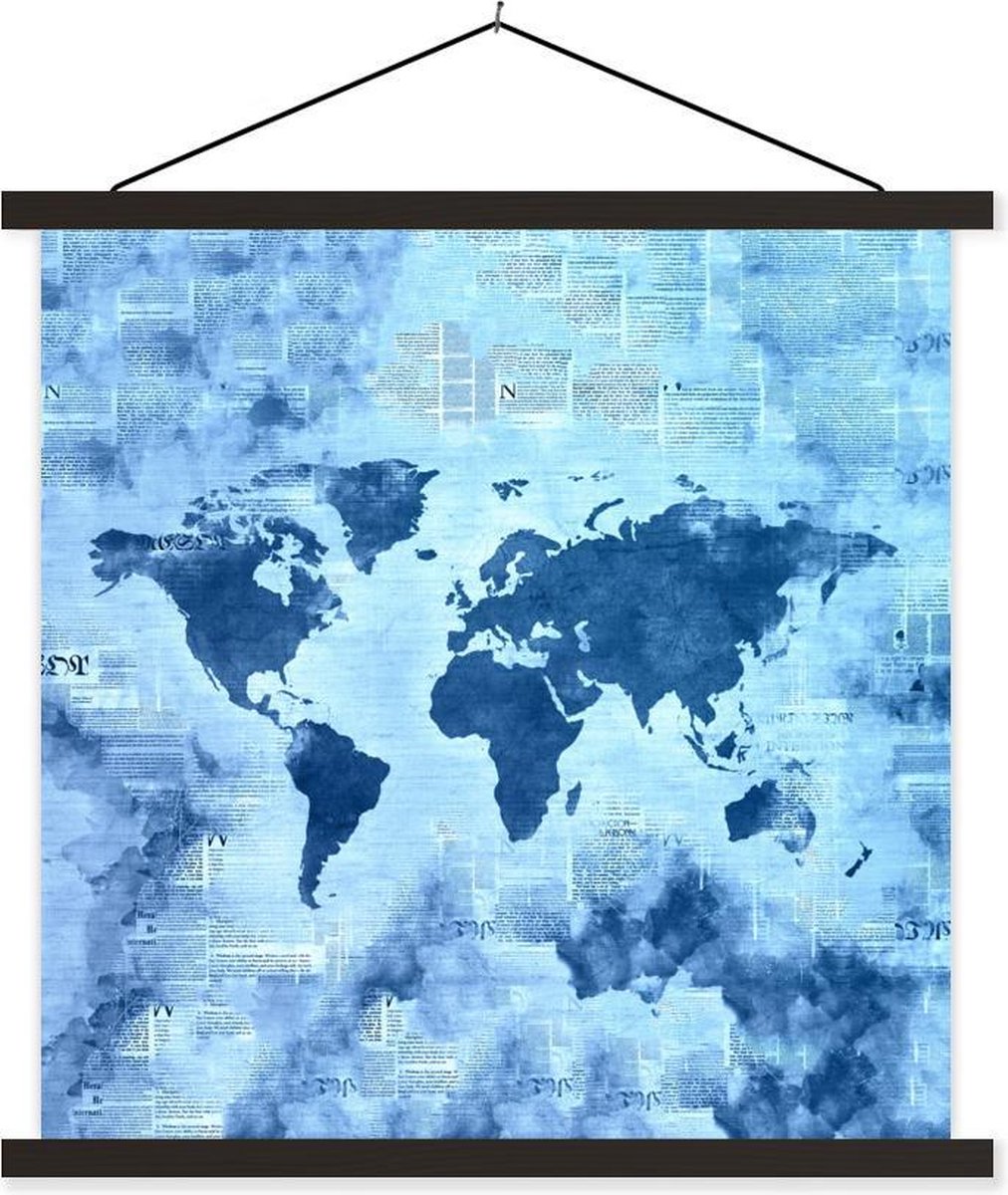 Schoolplaat - Wereldkaart - Abstract - Blauw - 60x60 cm - Zwarte latten