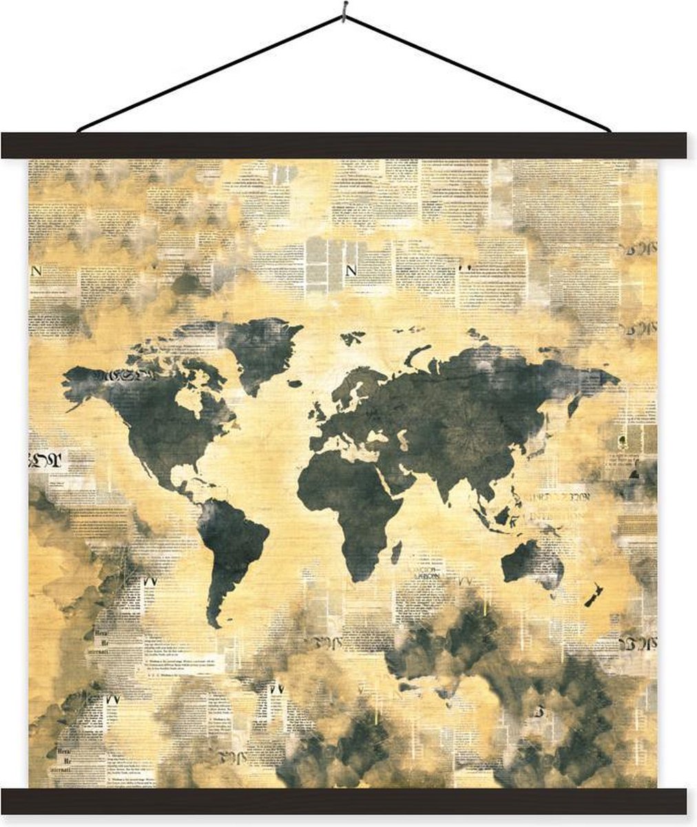Schoolplaat - Wereldkaart - Vintage - Kranten - 90x90 cm - Zwarte latten