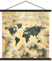 Schoolplaat - Wereldkaart - Vintage - Kranten - 90x90 cm - Zwarte latten
