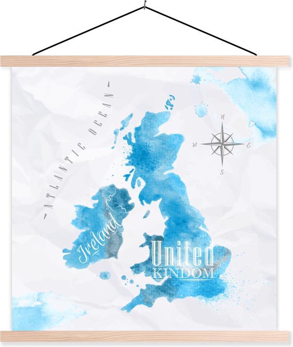 Schoolplaat - Engeland - Wereldkaart - Blauw - 90x90 cm - Blanke latten