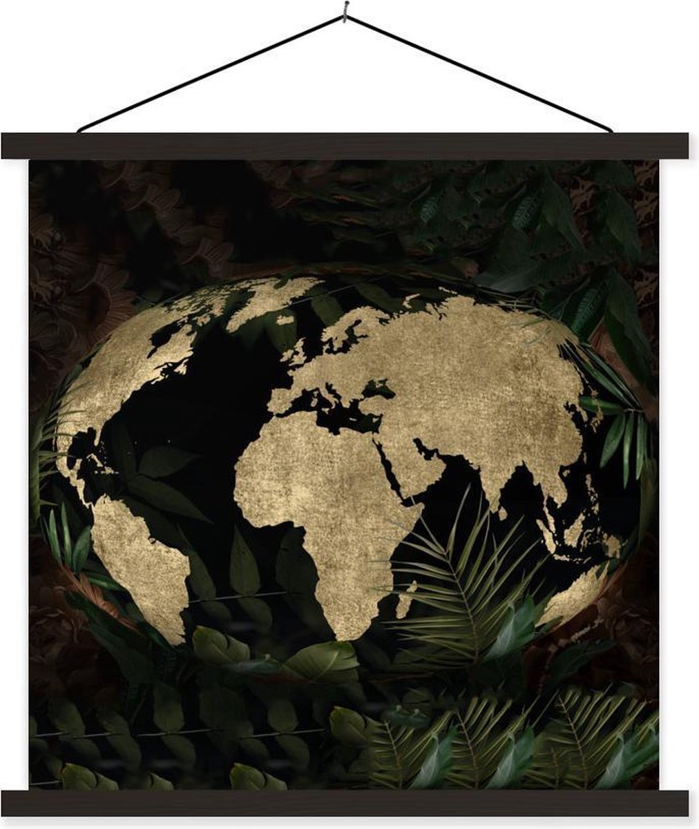Schoolplaat - Wereldkaart - Vintage - Wereldbol - 40x40 cm - Zwarte latten