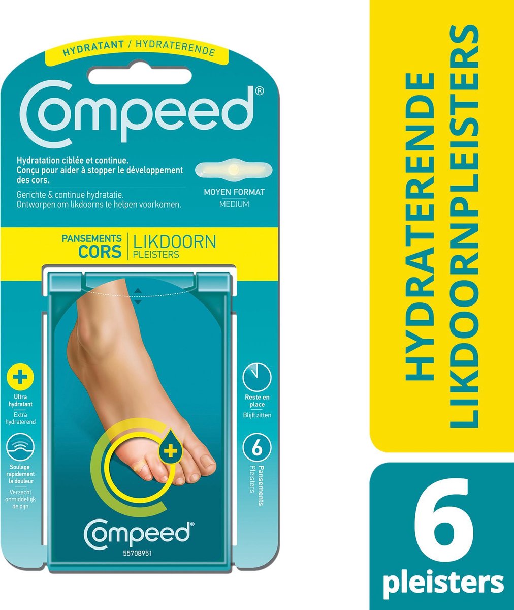 COMPEED® Likdoornspleisters Hydraterende (6st).De pleister beschermt tegen wrijving en druk. De actieve gel werkt als een tweede huid om de vochtbalans te ondersteunen. De pleister verzacht de pijn. Prijs is incl verzendkosten.
