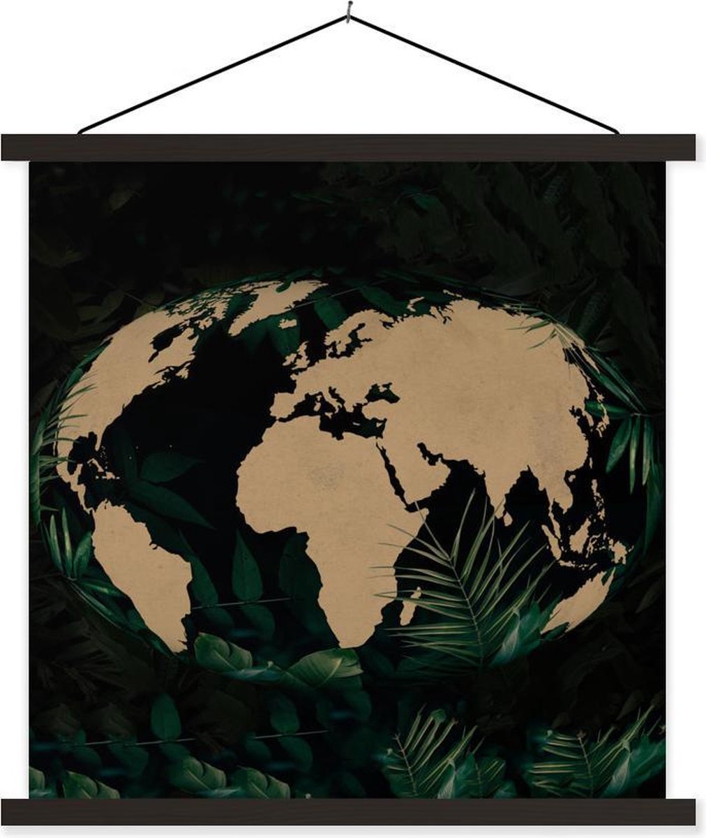 Schoolplaat - Wereldkaart - Wereldbol - Tropische planten - 60x60 cm - Zwarte latten