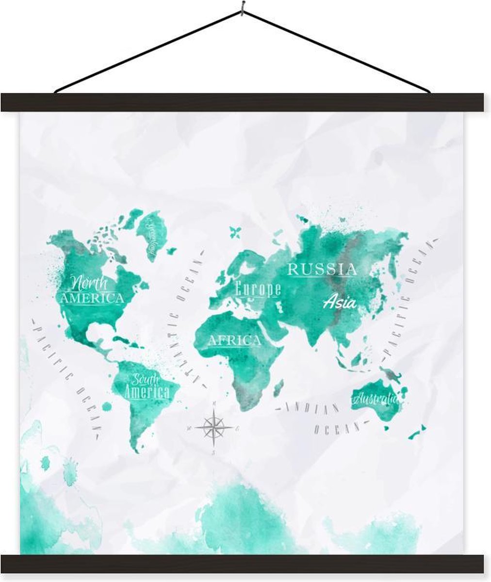 Schoolplaat - Waterverf - Wereldkaart - Turquoise - 60x60 cm - Zwarte latten