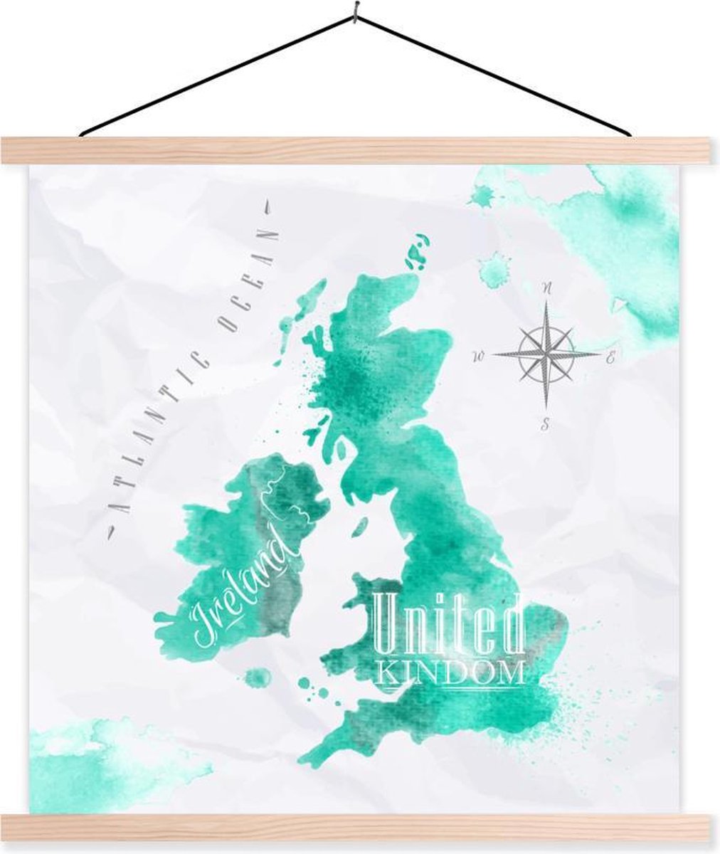Schoolplaat - Waterverf - Wereldkaart - Engeland - 40x40 cm - Blanke latten